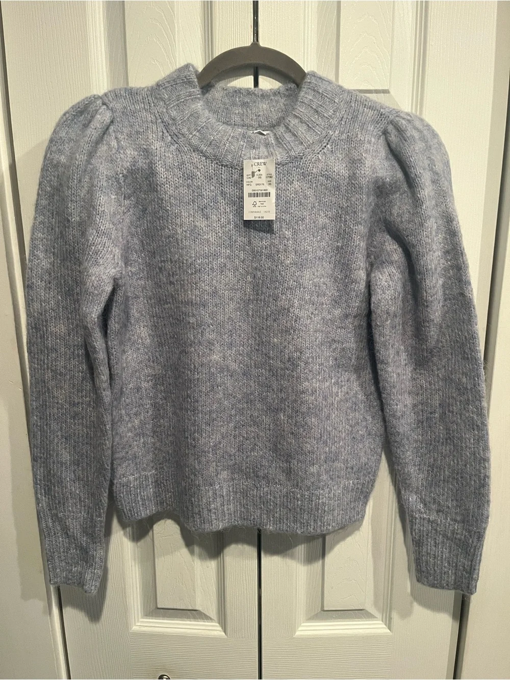 J. Crew Light Blue Puff-Sleeve Crewneck Sweater adorable Sz S NWT